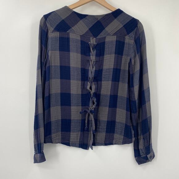 Anthropologie Cloth + Stone Gingham Plaid Top Lace Up Long Sleeve Navy Gray M - Picture 5 of 10